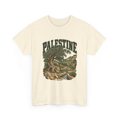 Front view of a Natural Gildan 5000 Palestine T-shirt with green PALESTINE lettering, olive tree, stone terraces, water channel and Roots & Roads signature.