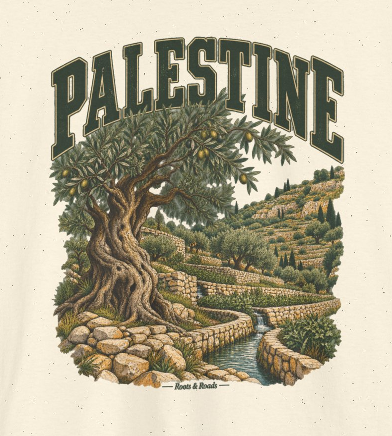 Print detail of green PALESTINE lettering, olive tree, terraced stone walls, water channel and the original Roots & Roads signature on Natural cotton.