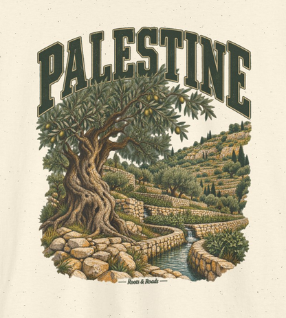 Print detail of green PALESTINE lettering, olive tree, terraced stone walls, water channel and the original Roots & Roads signature on Natural cotton.