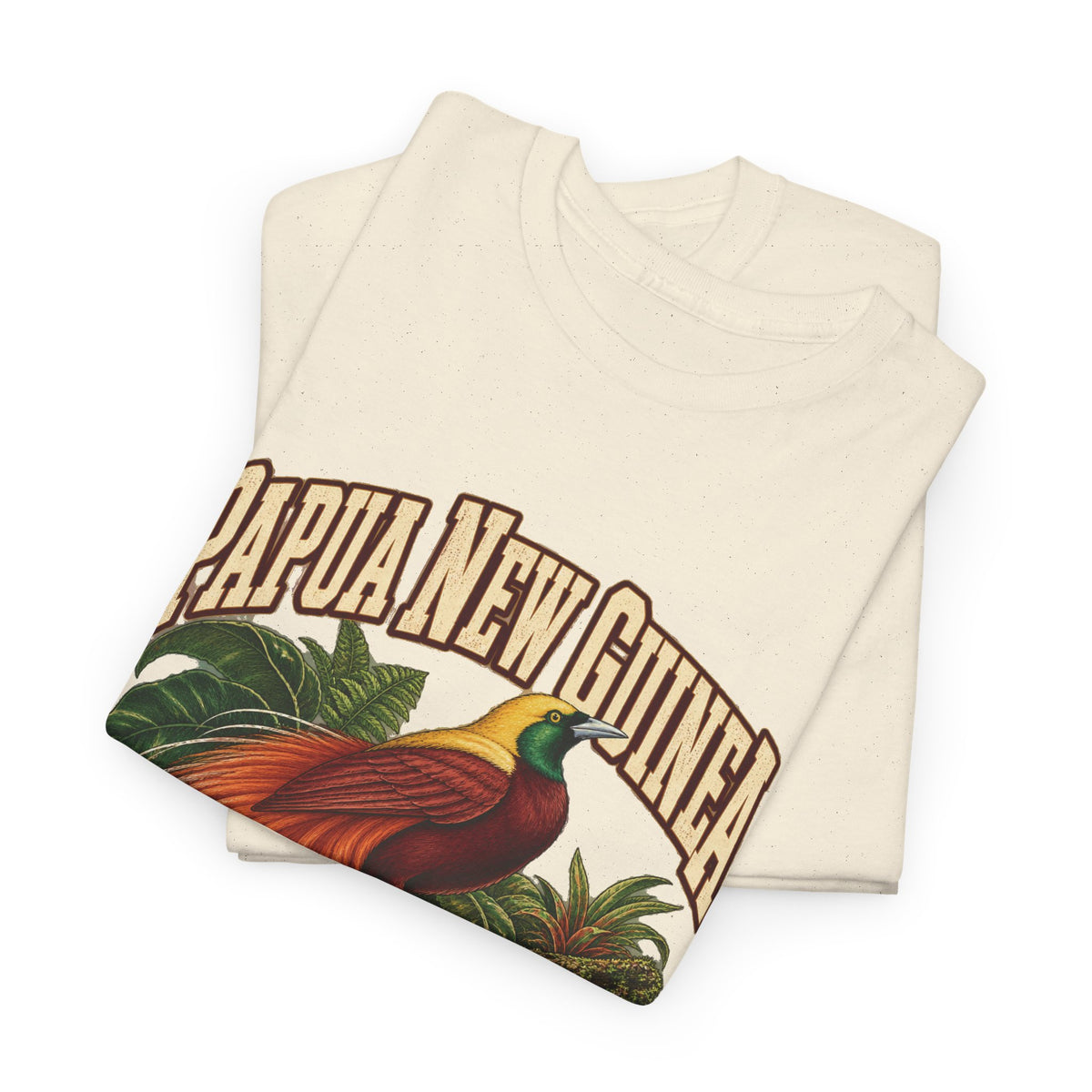 Folded Natural Papua New Guinea Fresh Prints T-shirt showing the arched country name, bird-of-paradise and tropical leaves.