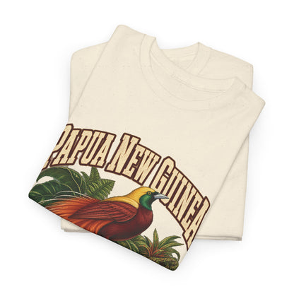 Folded Natural Papua New Guinea Fresh Prints T-shirt showing the arched country name, bird-of-paradise and tropical leaves.