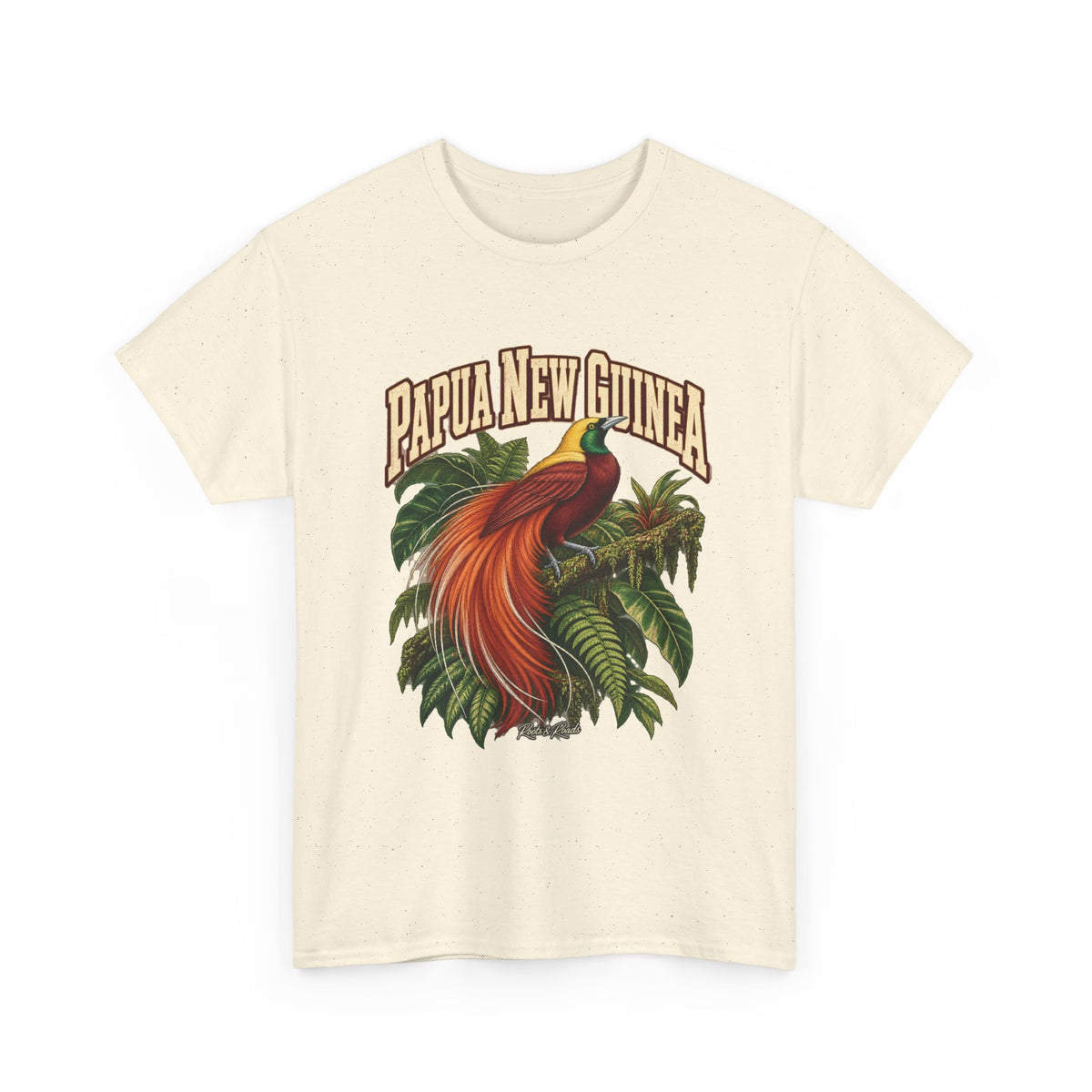 Front view of a Natural Gildan 5000 Papua New Guinea T-shirt with arched country lettering, a red-orange bird-of-paradise, tropical foliage and Roots & Roads script.