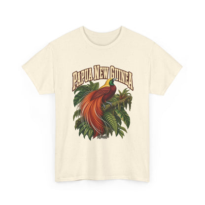 Front view of a Natural Gildan 5000 Papua New Guinea T-shirt with arched country lettering, a red-orange bird-of-paradise, tropical foliage and Roots & Roads script.