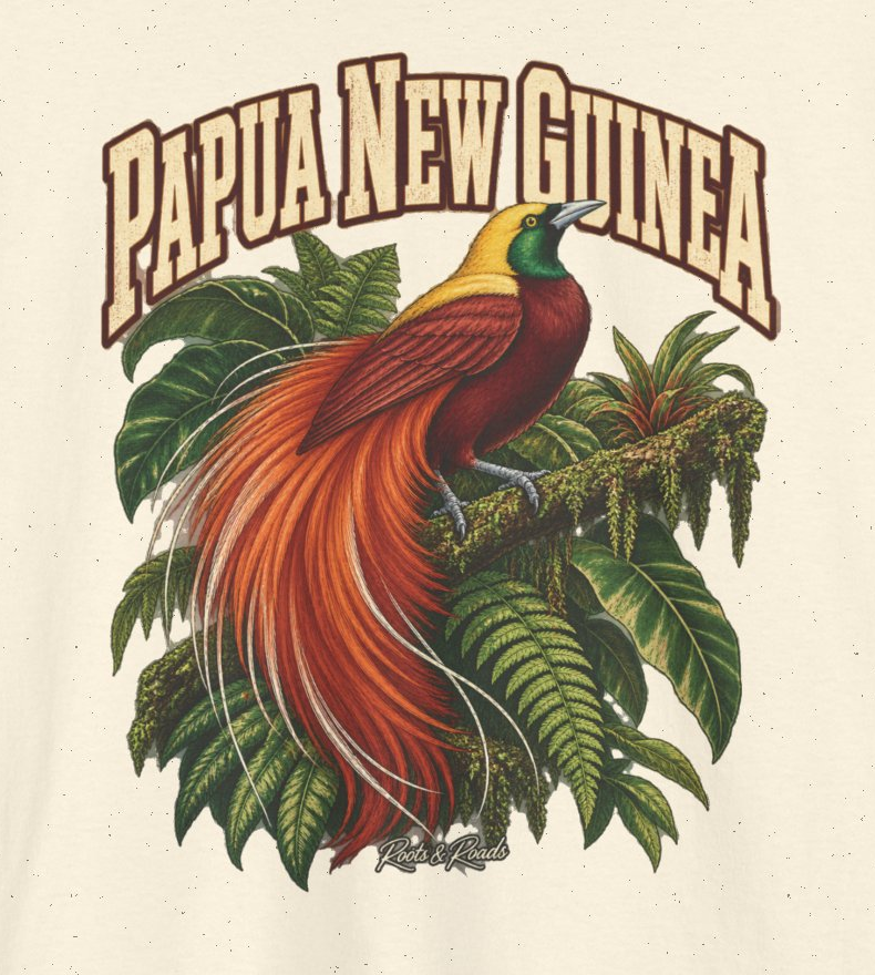 Print detail of Papua New Guinea country lettering above a red-orange bird-of-paradise, mossy branch, tropical leaves and original Roots & Roads script on Natural cotton.