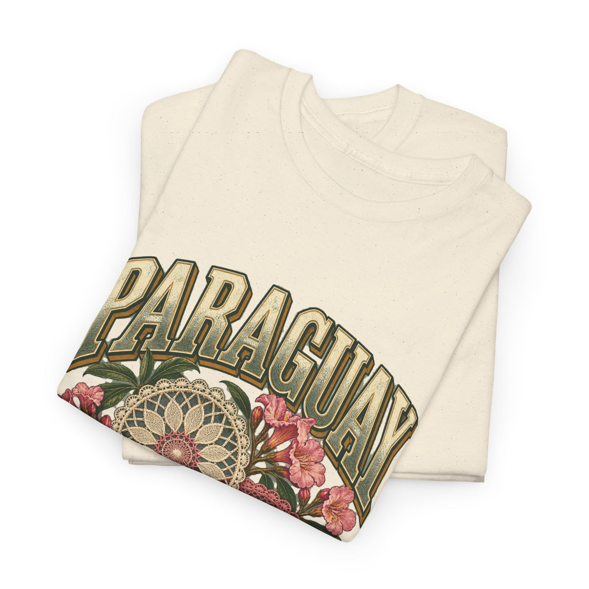Folded Natural Paraguay Fresh Prints T-shirt showing the country name, lace rosettes and pink flowers.