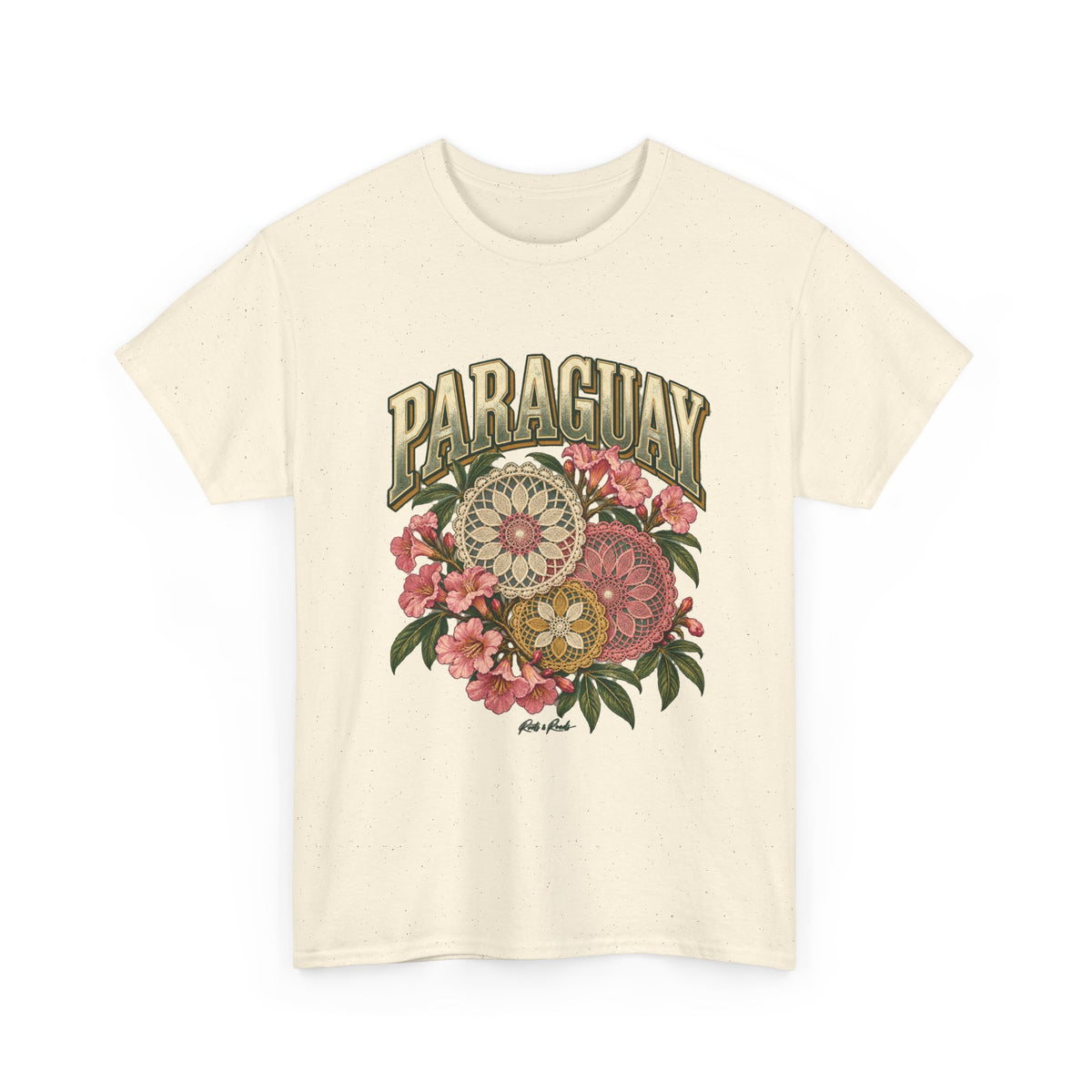 Front view of a Natural Gildan 5000 Paraguay T-shirt with arched cream country lettering, cream pink and ochre lace rosettes, pink flowers, green leaves and Roots & Roads script.