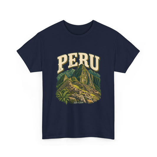 Front view of a Navy Gildan 5000 T-shirt with PERU lettering, green mountain peaks, stone terraces, ruins and foreground foliage, and Roots & Roads script.