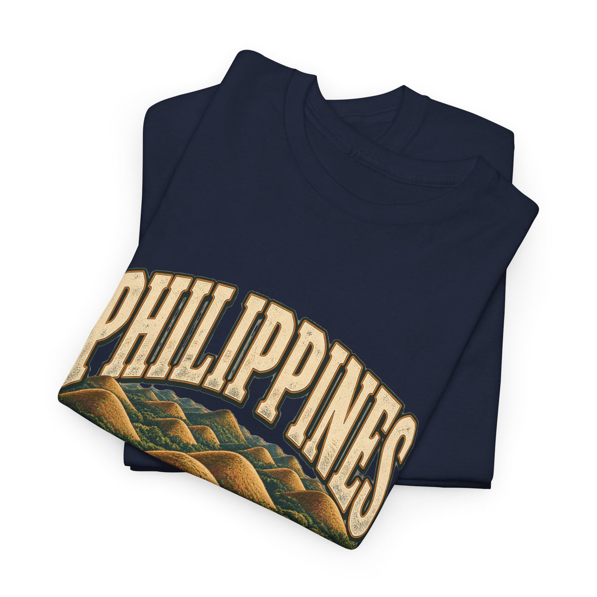 Folded Navy Philippines Fresh Prints T-shirt showing the original country artwork.