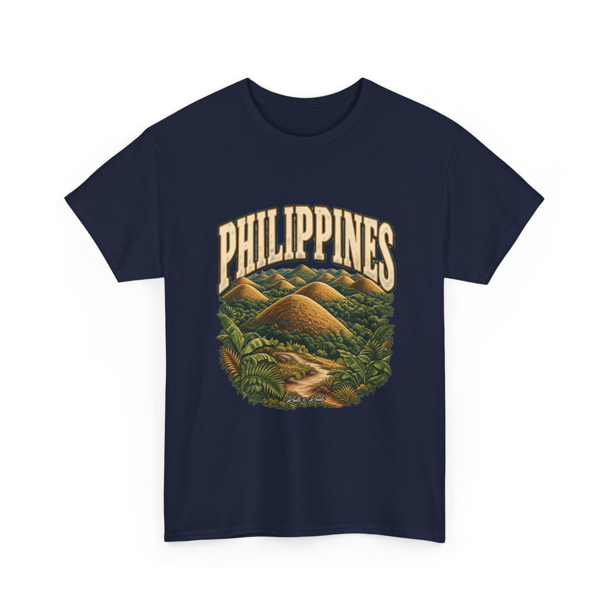 Front view of a Navy Gildan 5000 T-shirt with PHILIPPINES lettering above rounded hills, tropical foliage and a winding path, with Roots & Roads script.