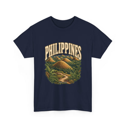 Front view of a Navy Gildan 5000 T-shirt with PHILIPPINES lettering above rounded hills, tropical foliage and a winding path, with Roots & Roads script.
