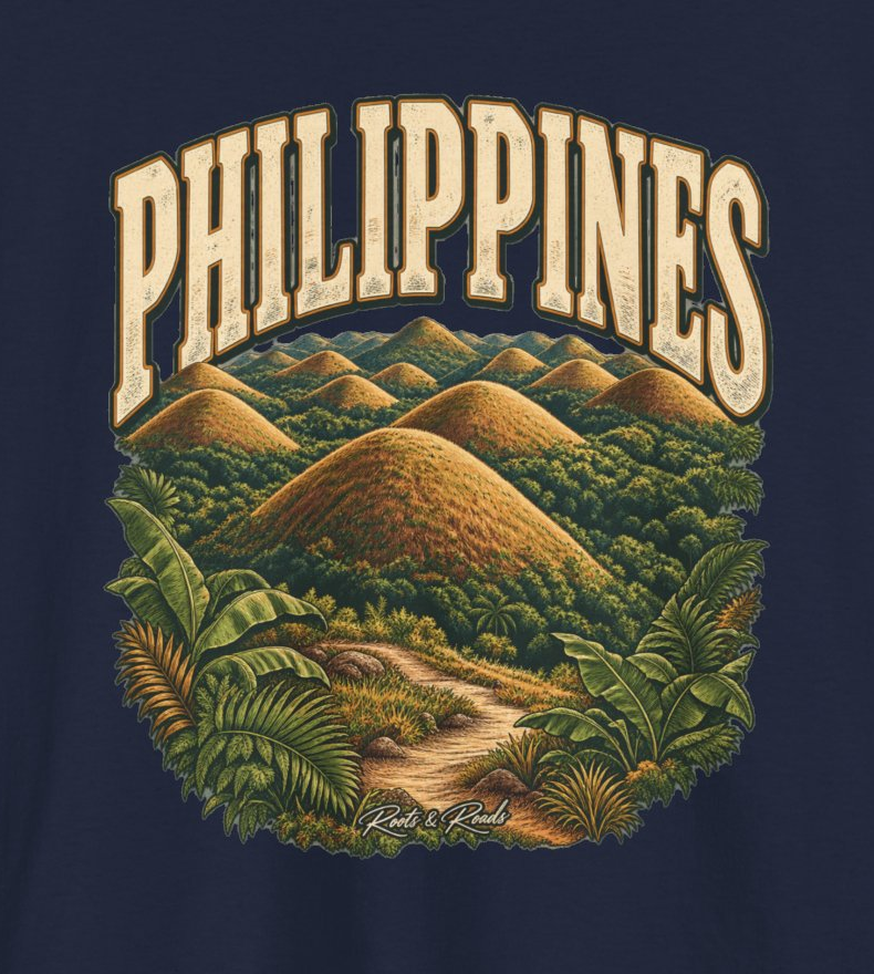 Print detail of the original Philippines artwork on the Navy supplier T-shirt mockup.