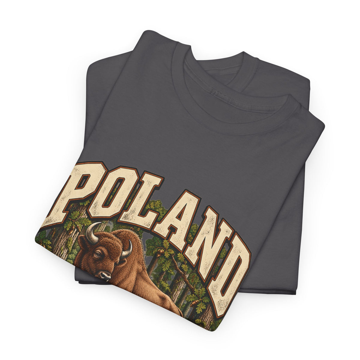 Folded Charcoal Poland Fresh Prints T-shirt showing cream country lettering and the forest bison design.
