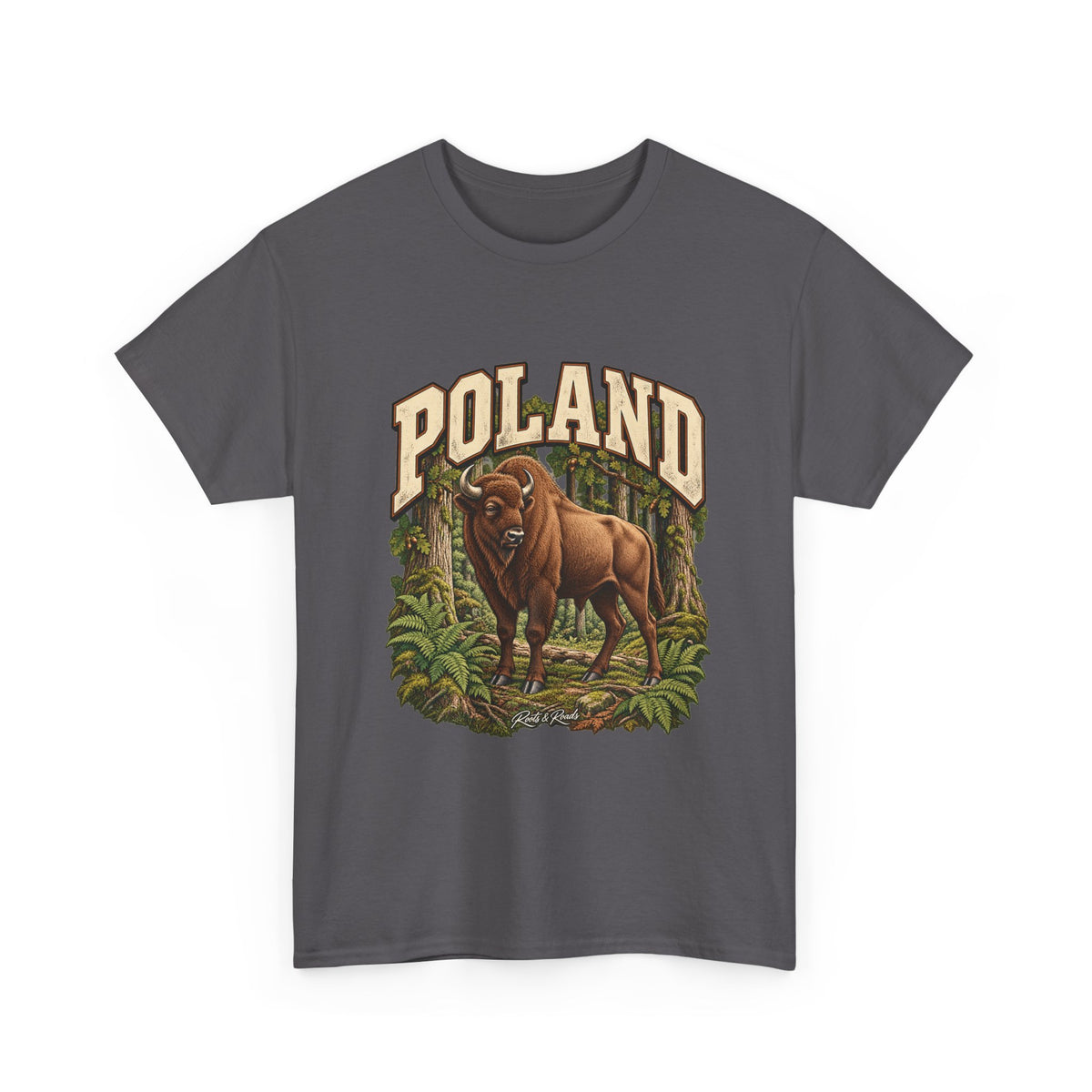 Front view of a Charcoal Gildan 5000 Poland T-shirt with cream POLAND lettering, a European bison, forest trees and ferns, and Roots & Roads script.