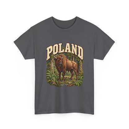 Front view of a Charcoal Gildan 5000 Poland T-shirt with cream POLAND lettering, a European bison, forest trees and ferns, and Roots & Roads script.