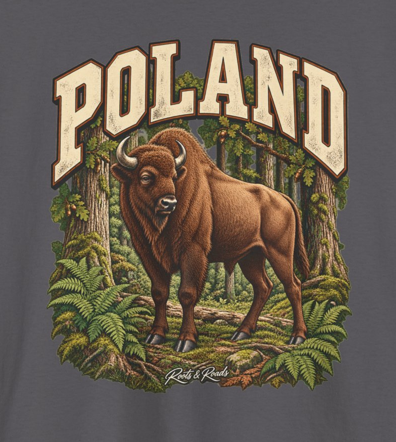Print detail of cream POLAND lettering, European bison, forest trees, ferns and original Roots & Roads script on Charcoal cotton.