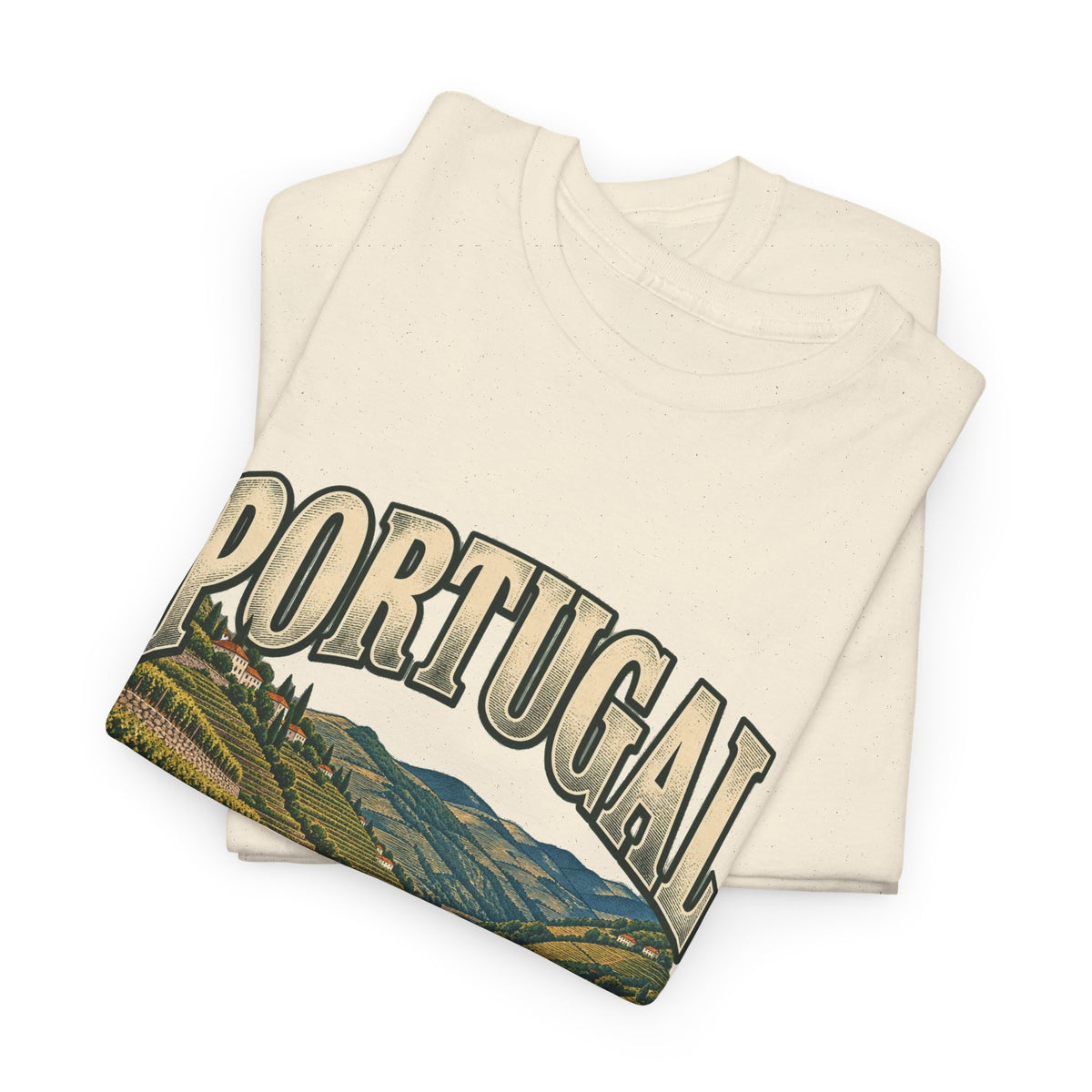 Folded Natural Portugal Fresh Prints T-shirt showing country lettering and terraced vineyard scenery.