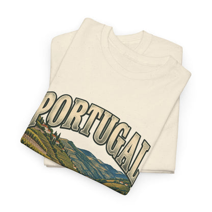 Folded Natural Portugal Fresh Prints T-shirt showing country lettering and terraced vineyard scenery.