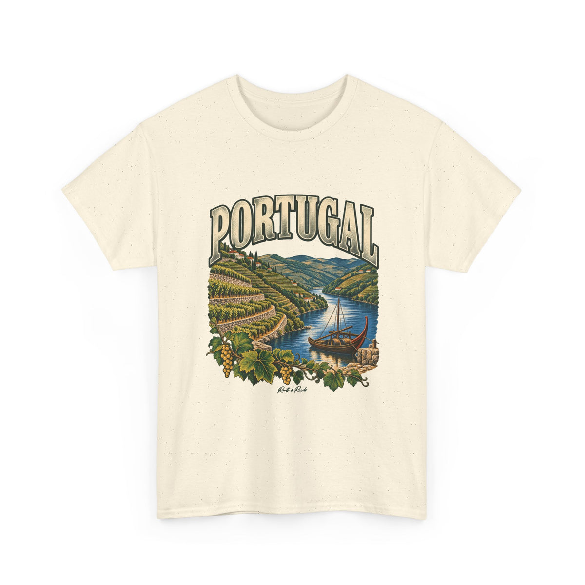 Front view of a Natural Gildan 5000 Portugal T-shirt with outlined cream PORTUGAL lettering, terraced vineyards, river boat, grapevines and Roots & Roads script.