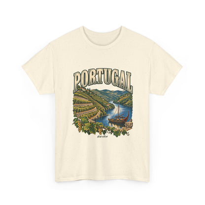 Front view of a Natural Gildan 5000 Portugal T-shirt with outlined cream PORTUGAL lettering, terraced vineyards, river boat, grapevines and Roots & Roads script.