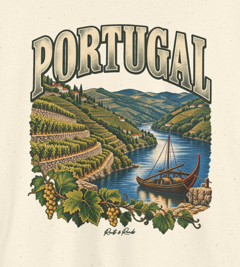 Print detail of PORTUGAL lettering, terraced vineyards beside a winding river, wooden boat, grapes and original Roots & Roads script on Natural cotton.