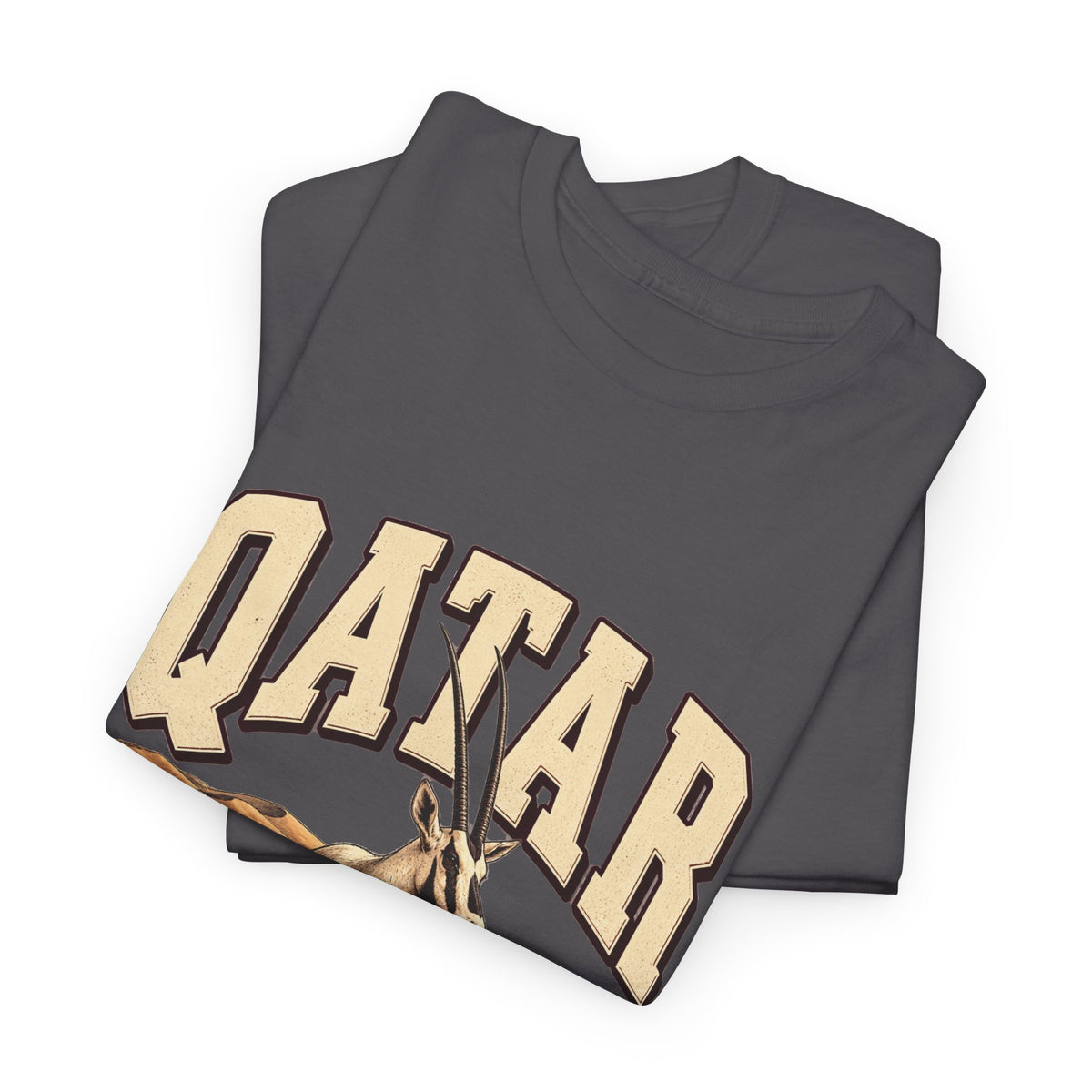 Folded Charcoal Qatar Fresh Prints T-shirt showing cream country lettering and the oryx design.