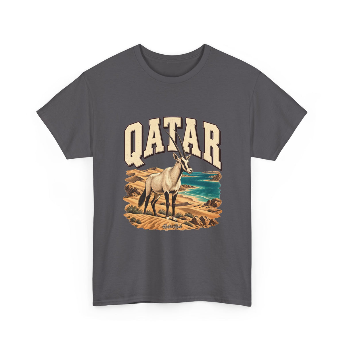 Front view of a Charcoal Gildan 5000 Qatar T-shirt with cream QATAR lettering, Arabian oryx, golden dunes, turquoise water and Roots & Roads script.