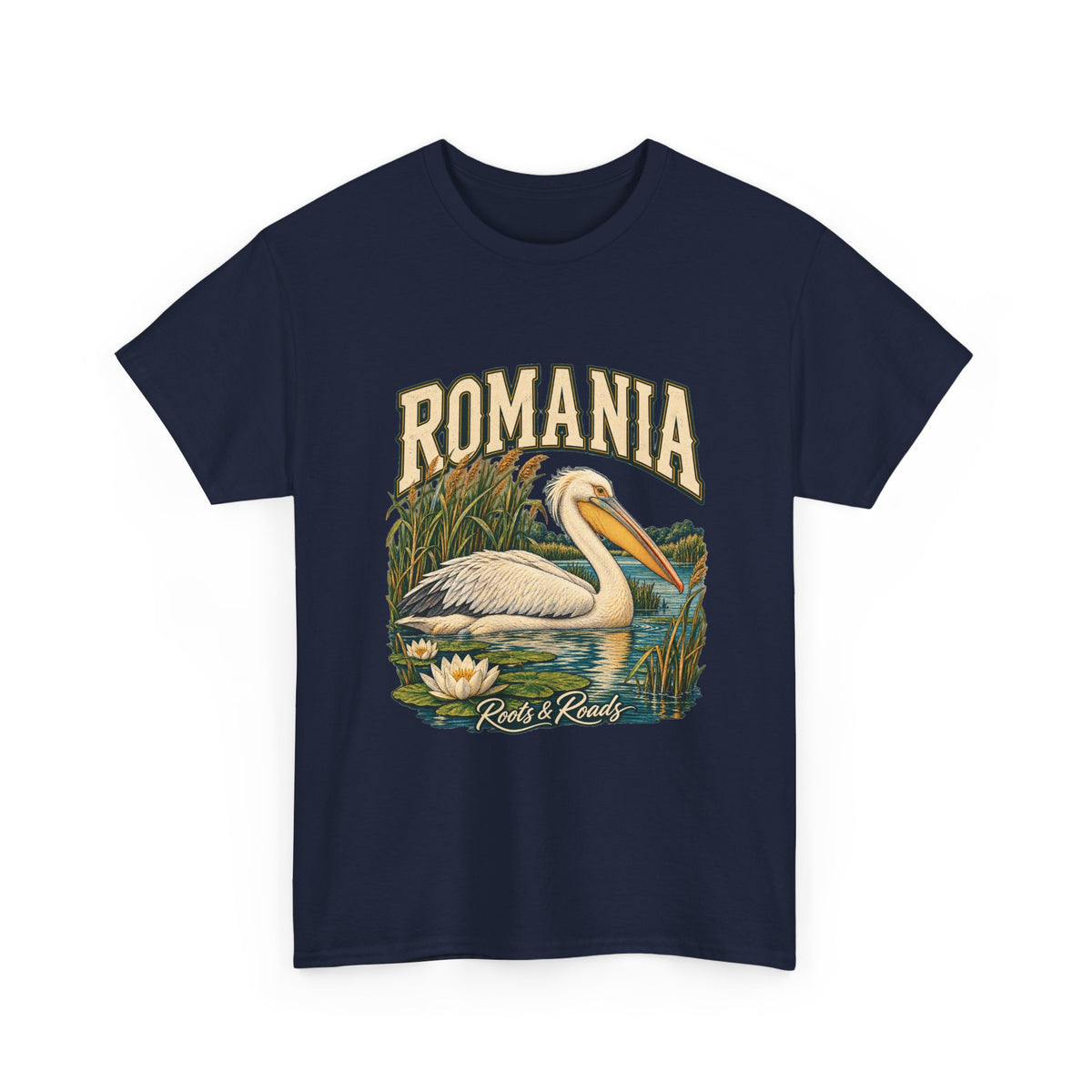 Front view of a Navy Gildan 5000 T-shirt with ROMANIA lettering, a white pelican among reeds and water lilies, and Roots & Roads script.