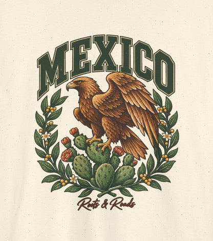 Close-up of the Mexico Fresh Prints eagle-and-cactus design on the Natural Gildan 5000 T-shirt.