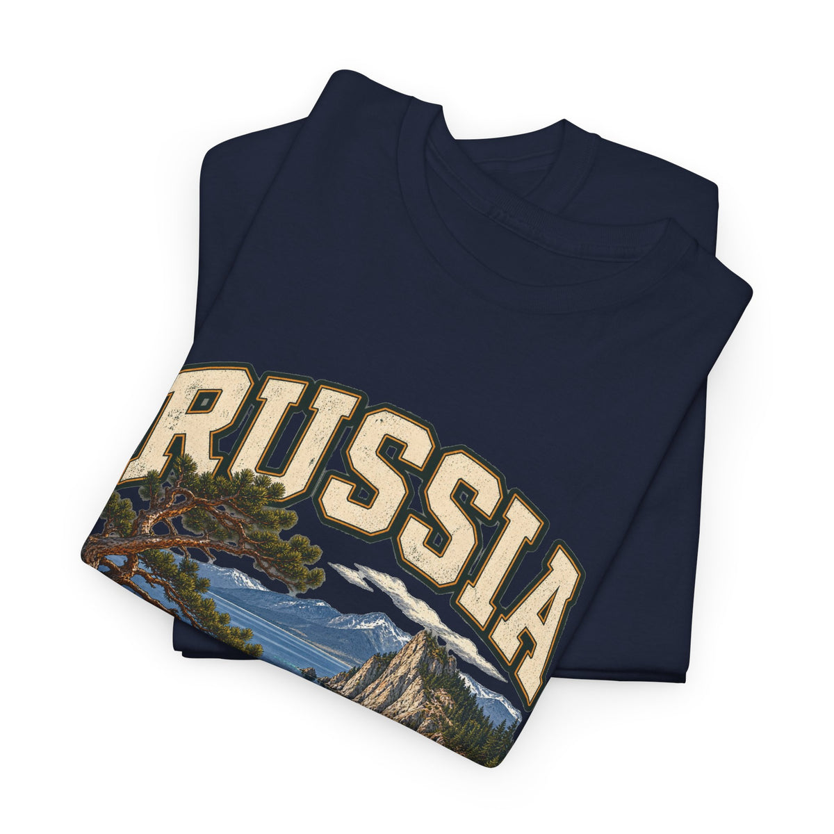 Folded navy Russia Fresh Prints T-shirt showing the original country artwork.