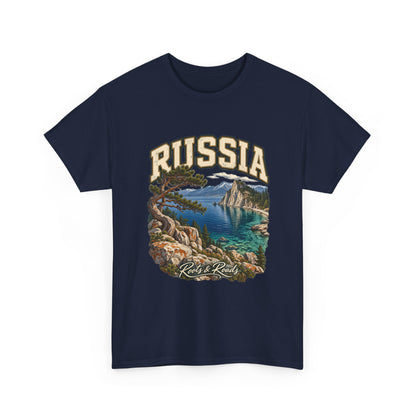 Front view of a navy Gildan 5000 T-shirt with cream RUSSIA lettering over a blue lake, mountain headland, pine and Roots & Roads script.