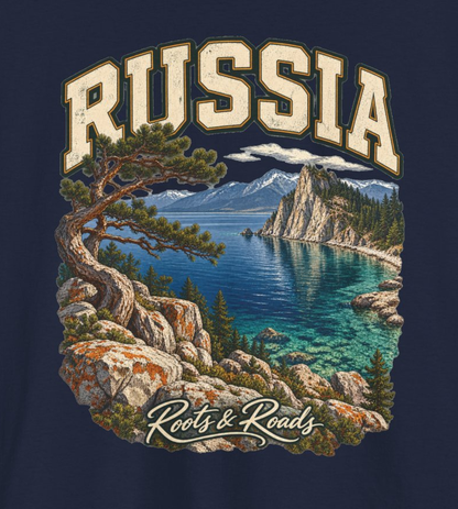 Close view of Russia Fresh Prints artwork on navy: cream country lettering, clear blue lake, rocky headland, pine, mountains and Roots & Roads script.