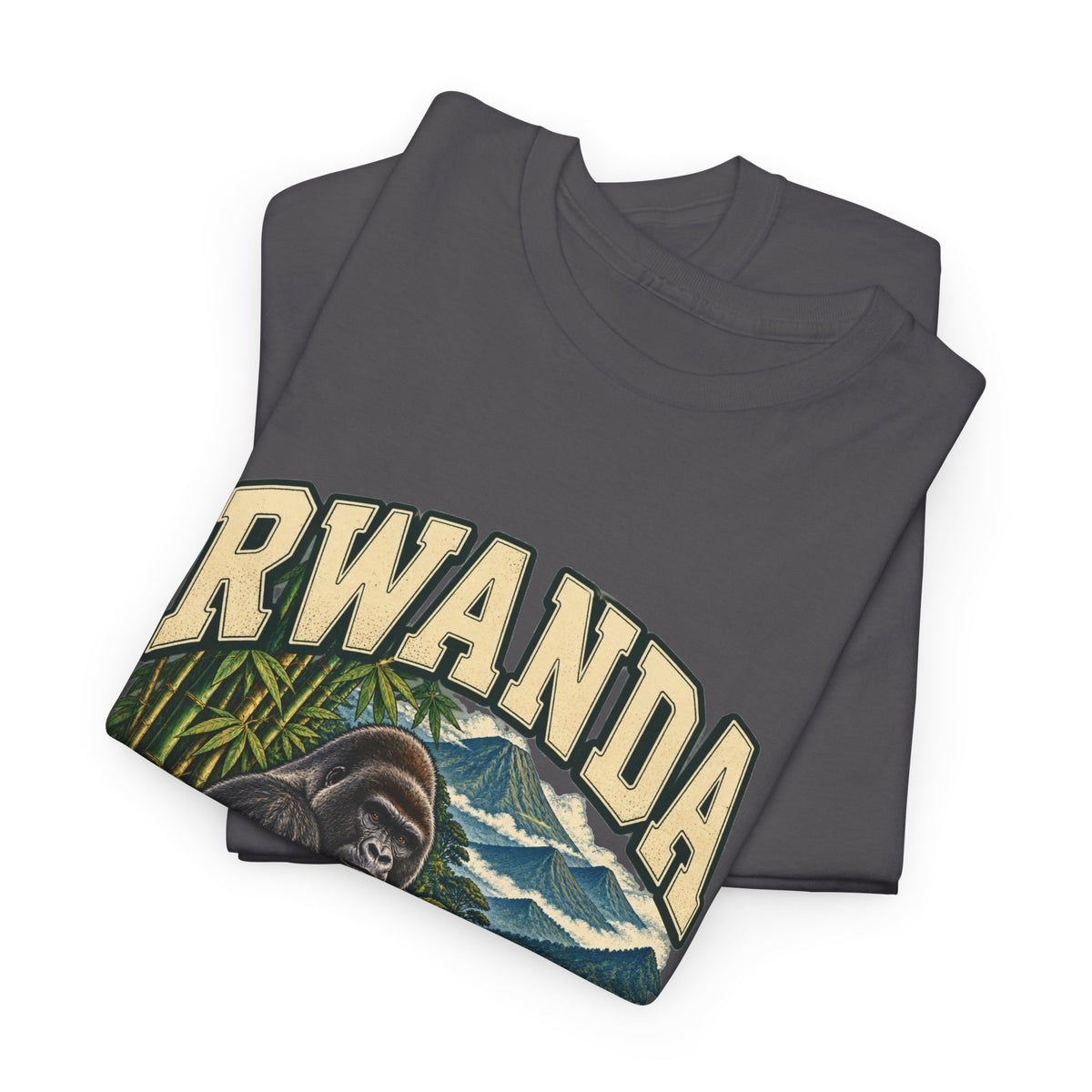 Folded Charcoal Rwanda Fresh Prints T-shirt showing cream country lettering, bamboo and mountain gorilla artwork.