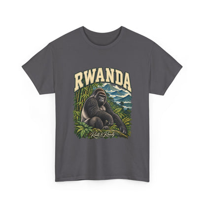 Front view of a Charcoal Gildan 5000 Rwanda T-shirt with cream RWANDA lettering, mountain gorilla, bamboo, misty mountains and Roots & Roads script.