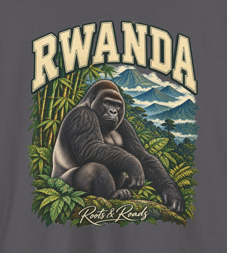 Print detail of RWANDA lettering, mountain gorilla, bamboo and lush forest beneath misty mountains, with original Roots & Roads script on Charcoal cotton.