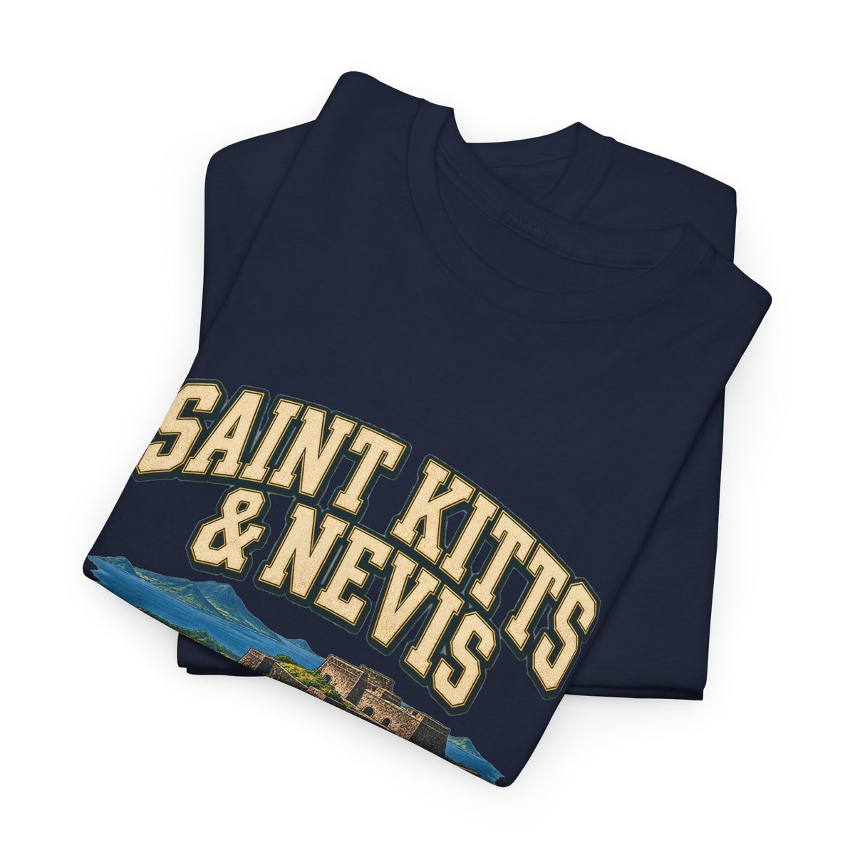 Folded navy Saint Kitts & Nevis Fresh Prints T-shirt showing the preserved cream country lettering and original island artwork.