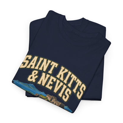 Folded navy Saint Kitts & Nevis Fresh Prints T-shirt showing the preserved cream country lettering and original island artwork.