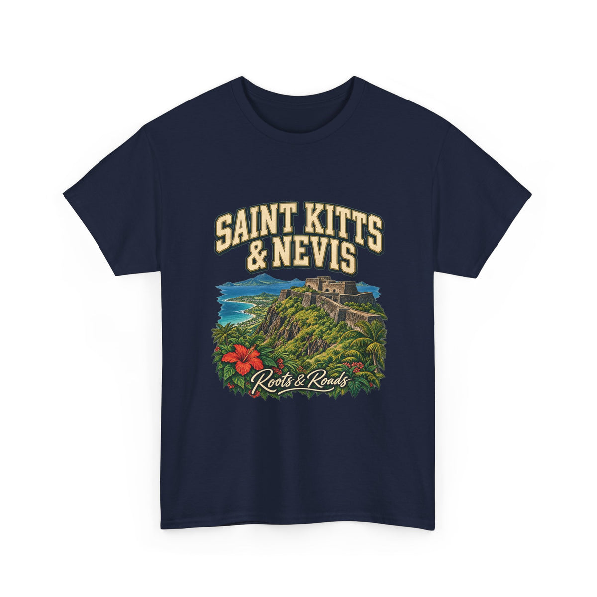 Front view of a navy Gildan 5000 T-shirt with SAINT KITTS & NEVIS lettering, a stone coastal fort, turquoise sea, palms, hibiscus and Roots & Roads script.