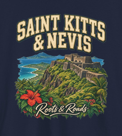 Print detail of SAINT KITTS & NEVIS country lettering, a stone coastal fort, turquoise water, palms, red hibiscus and Roots & Roads script on navy.