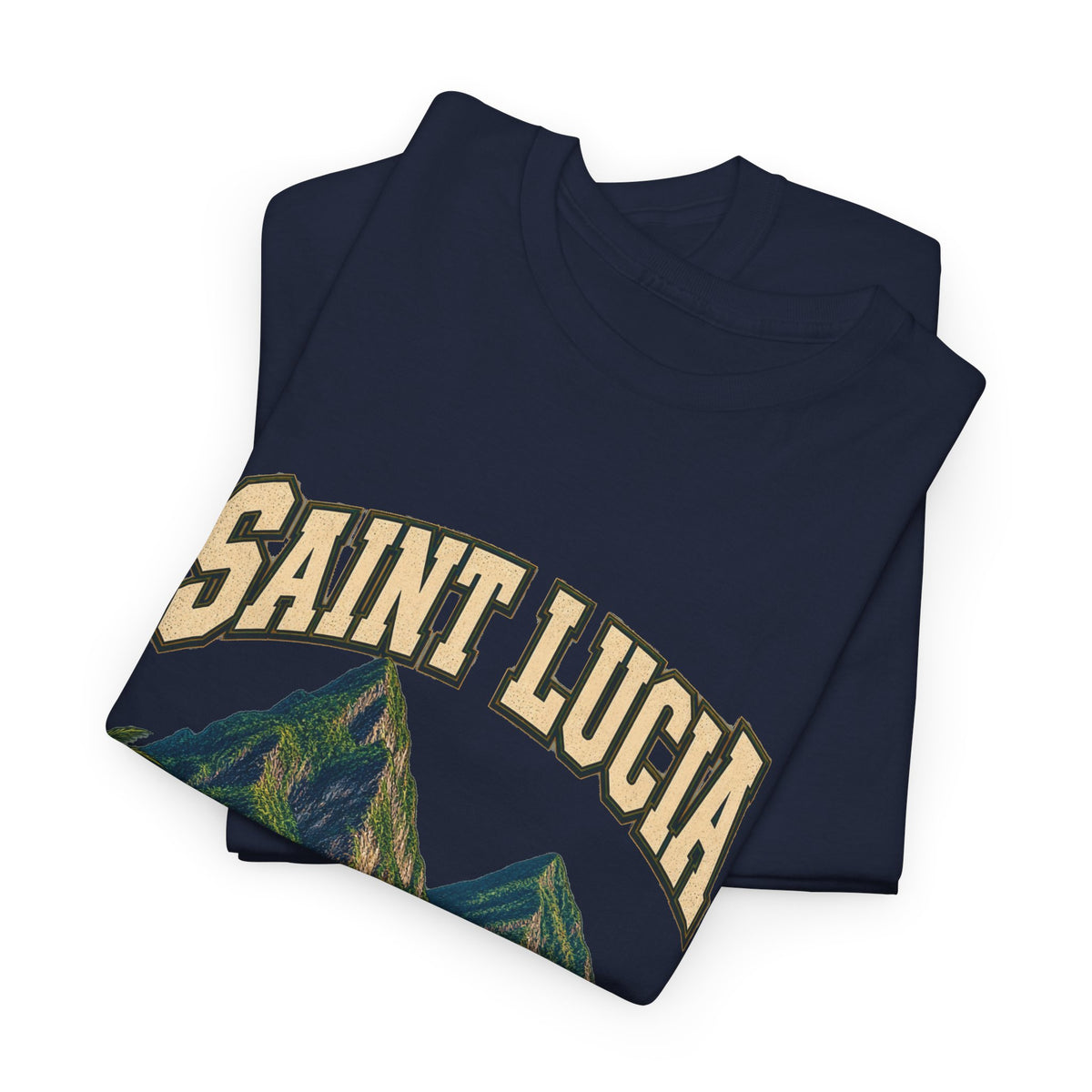 Folded navy Saint Lucia Fresh Prints T-shirt showing the original country lettering and twin coastal peaks.