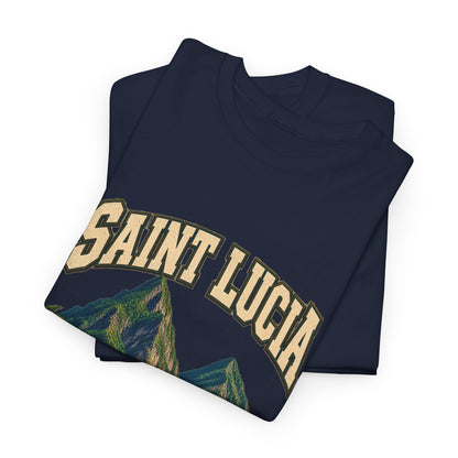 Folded navy Saint Lucia Fresh Prints T-shirt showing the original country lettering and twin coastal peaks.