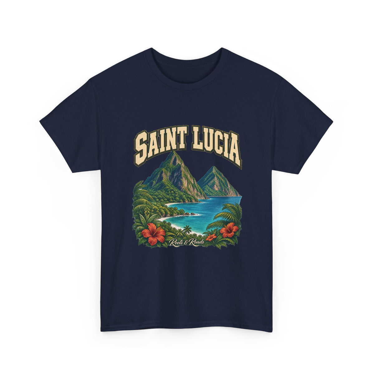 Front view of a navy Gildan 5000 T-shirt with SAINT LUCIA lettering, twin green coastal peaks, blue sea, palms, hibiscus and Roots & Roads script.