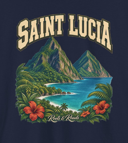 Print detail of SAINT LUCIA country lettering, twin green coastal peaks, turquoise water, palms, hibiscus and Roots & Roads script on navy.