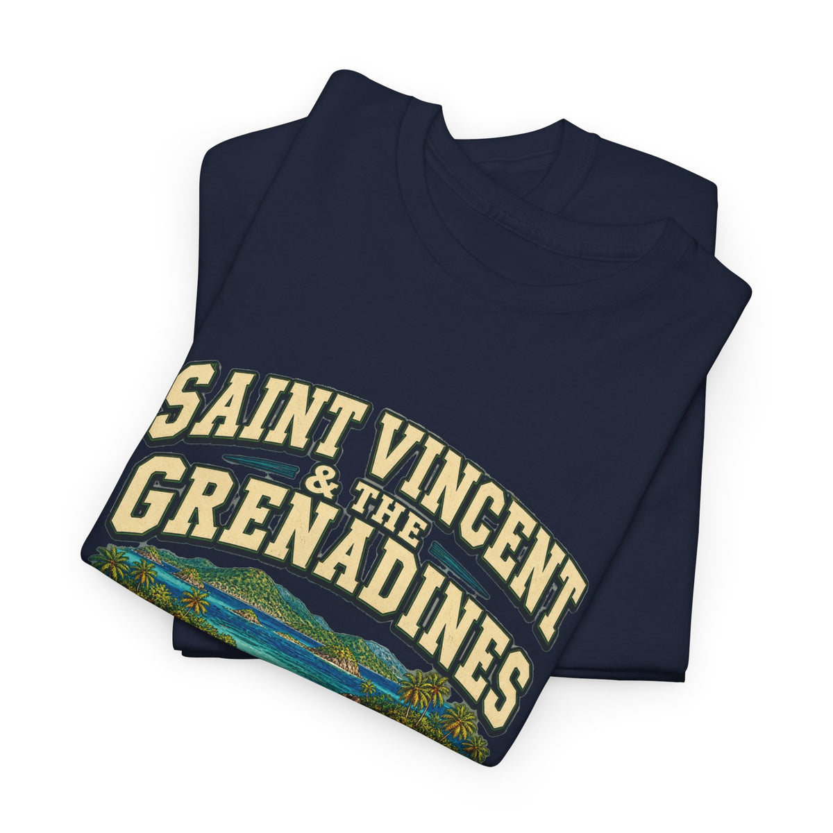 Folded navy Saint Vincent & the Grenadines Fresh Prints T-shirt showing the original country lettering and island artwork.