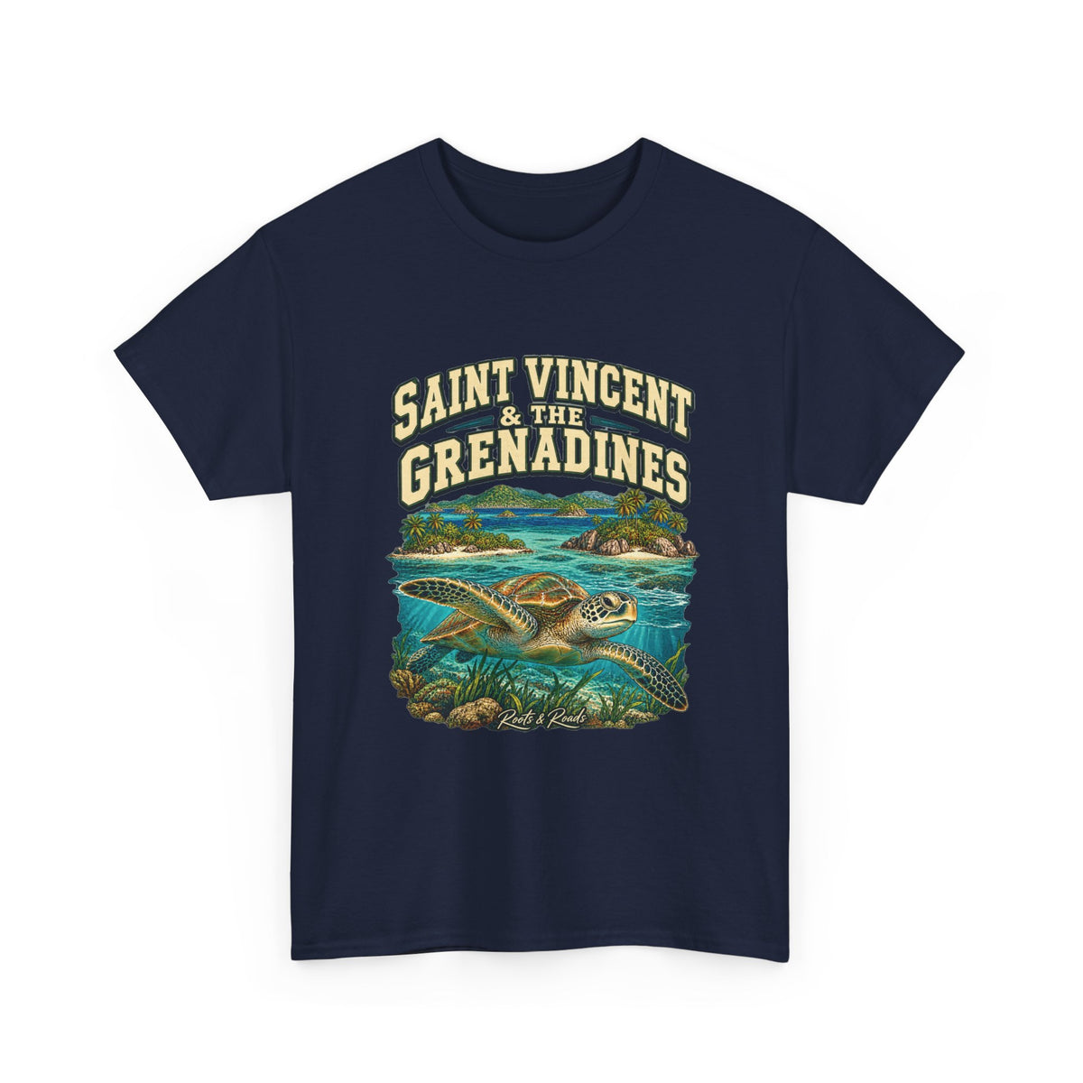Front view of a navy Gildan 5000 T-shirt with full SAINT VINCENT & THE GRENADINES lettering, a sea turtle, turquoise sea, palm-lined islands and Roots & Roads script.