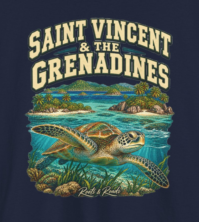 Print detail of full SAINT VINCENT & THE GRENADINES country lettering above a sea turtle, turquoise water, palm-lined islands and Roots & Roads script on navy.