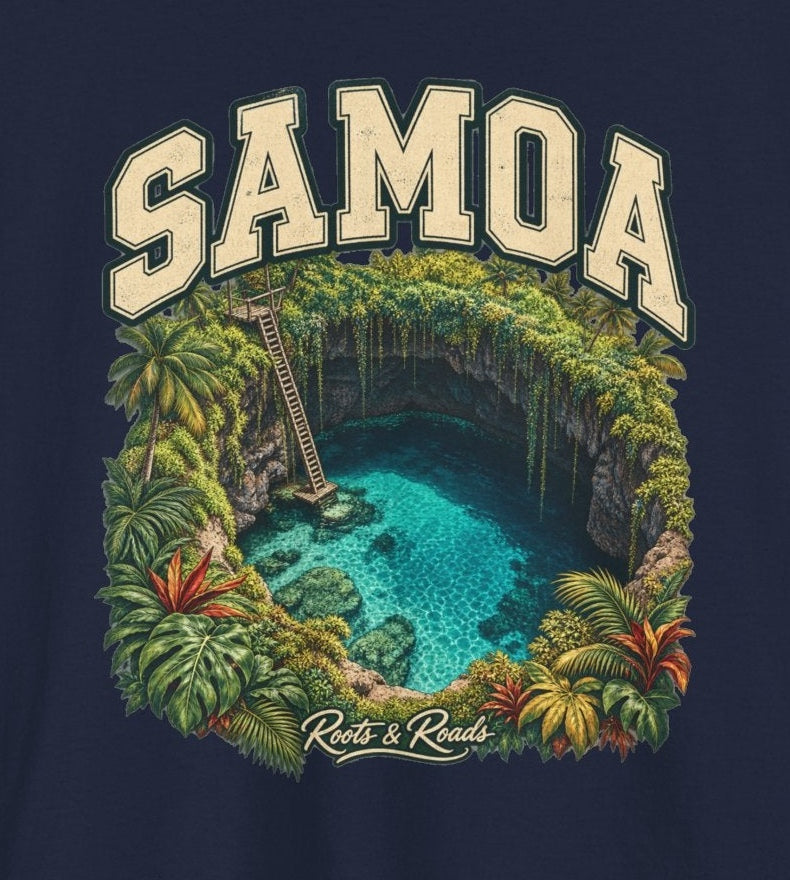 Print detail on navy Samoa Fresh Prints T-shirt: cream SAMOA lettering, turquoise To-Sua Ocean Trench, foliage and Roots & Roads signature.