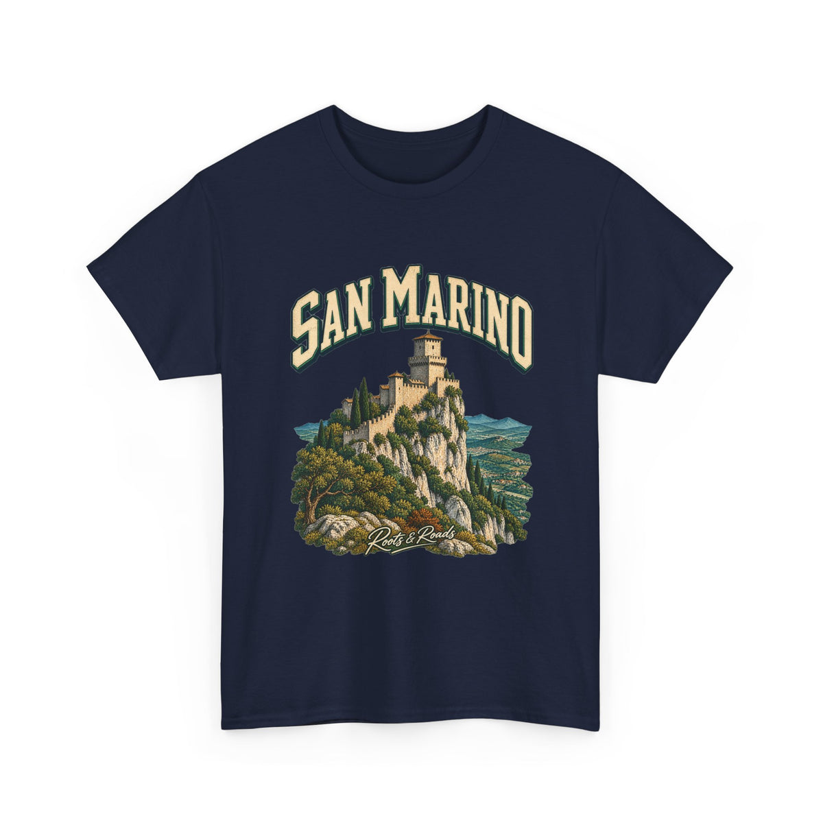 Front view of the navy Gildan 5000 San Marino Fresh Prints T-shirt, with cream SAN MARINO lettering, a stone fortress and mountain landscape, and Roots & Roads signature.