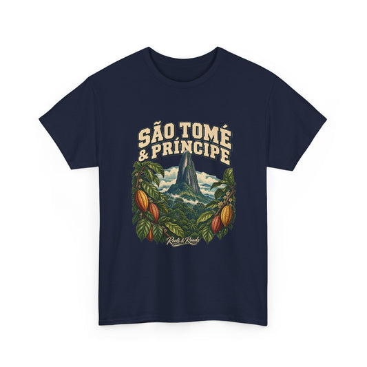 Front view of the São Tomé & Príncipe Fresh Prints T-shirt in Navy, featuring cream collegiate lettering, Pico Cão Grande and cacao artwork.