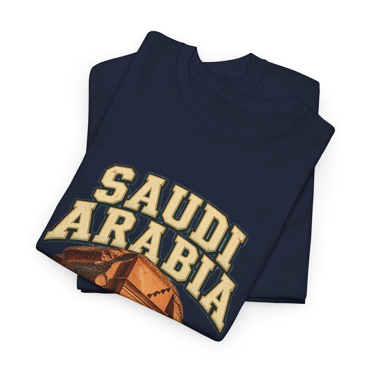 Folded Navy Saudi Arabia Fresh Prints T-shirt with cream country lettering and sandstone artwork visible.