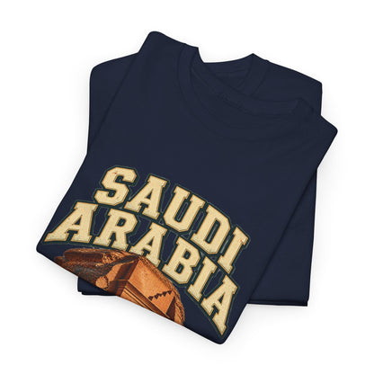 Folded Navy Saudi Arabia Fresh Prints T-shirt with cream country lettering and sandstone artwork visible.